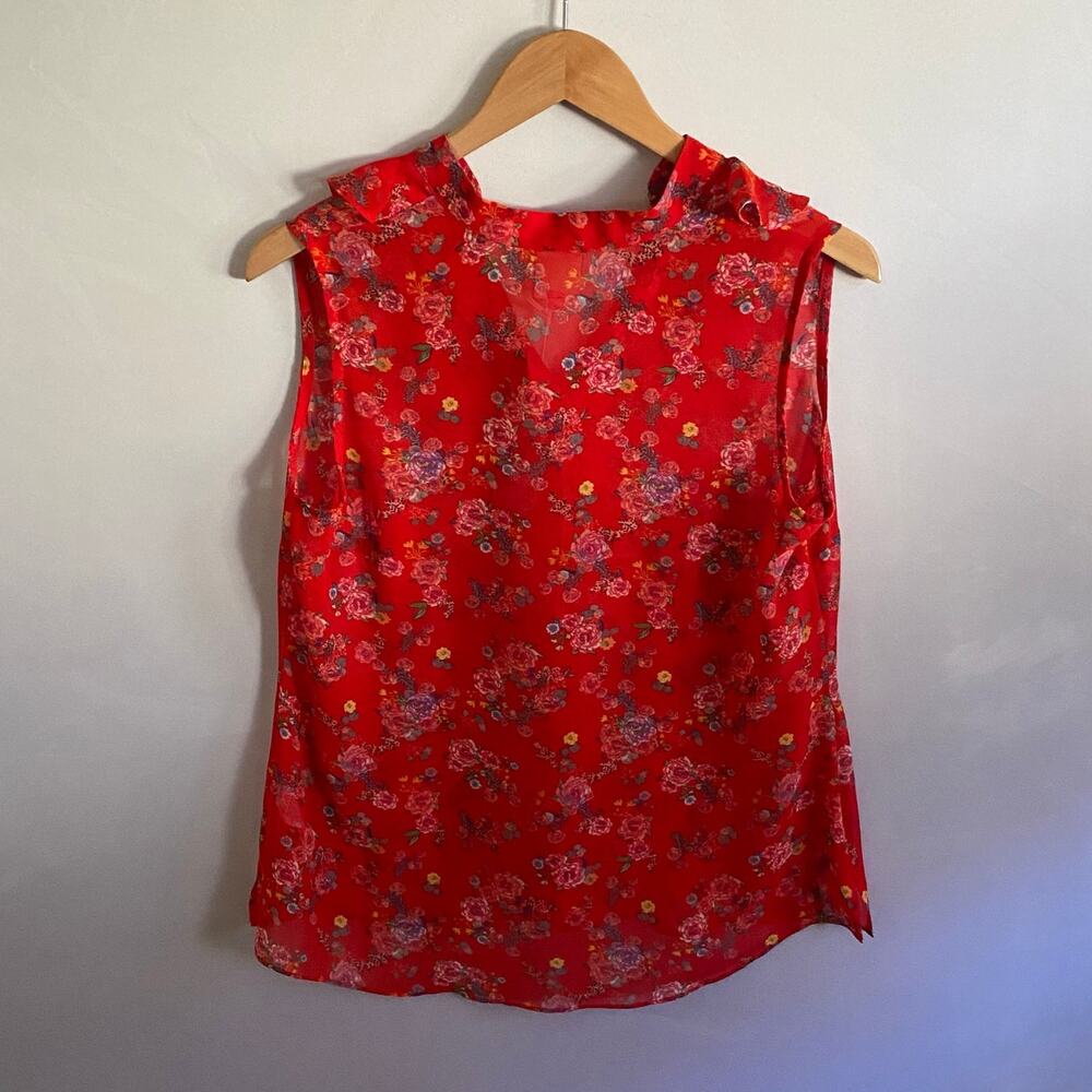 cAbi Crush Floral Ruffle Sleeveless Blouse Red Sheer Top Size S - Picture 10 of 17